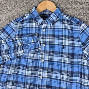 Ralph Lauren Boys Performance Button Down Shirt Blue‎ Plaid Long Sleeve Size M